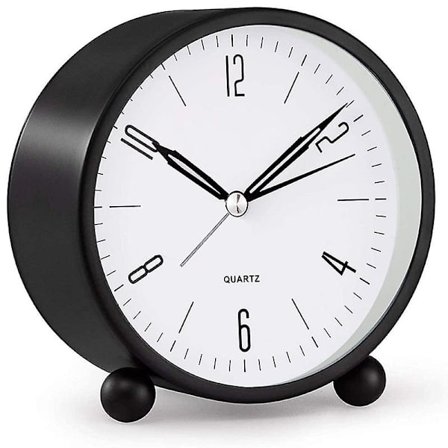 Analog alarmklokke, 4 tommer super stille ikke-tikkende liten klokke med nattlys, batteridrevet, enkel design, for soverom, seng, skrivebord svart