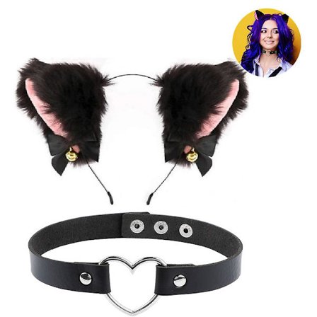 Svart katt räv fuskpäls öron pannband + klocka choker krage med klocka båge