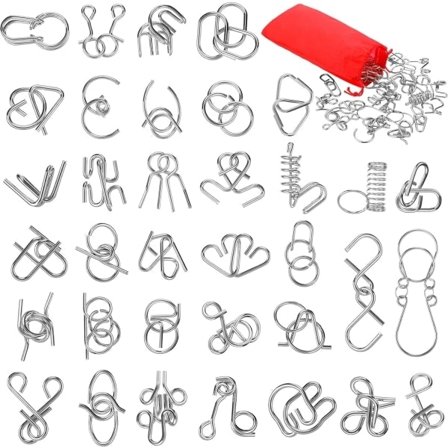 Metallisk Hjernevrider-Puslesæt med 36 Brikker og Taske, Stål IQ-Puslespil