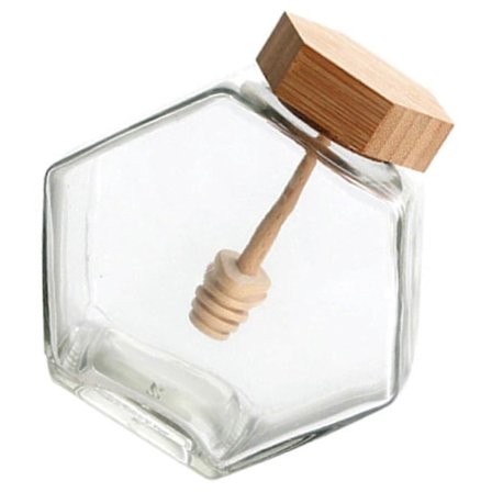 Lasinen hunajapurkki bambukannella ja -kauhalla, paksua kirkasta lasia, tiivis siirappiannostelija, hillolle ja mausteille [YJD]