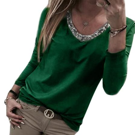 Lapa Dam V-ringad Paljett T-shirt Dam Långärmad Casual Loos