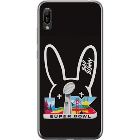 Kompatibelt Mobildeksel til Huawei Y6 Pro (2019) Bad Bunny portrett med åpen skjorte, tatoveringer og krøllete hår i stilfull motefotografering