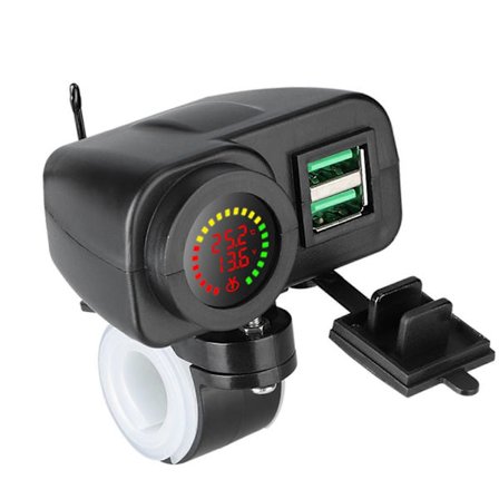 Quick Charge3.0 Dubbel USB-laddare Voltmeter Termometer för Motorcykel 12V 24V Styrfäste Laddningsadapter Svart