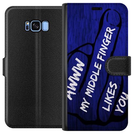 Kompatibelt Lommeboketui til Samsung Galaxy S8 Mørk typografisk illustrasjon med hjerteform og budskap om vennskap mot dyp blå tretekstur