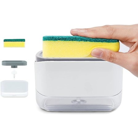 Keittiön astianpesuainesäiliö, manuaalinen nestepuristin, uudelleentäytettävä pyykinpesuneste, säilytysastia, sieniteline 2 in 1 astianpesuainesäiliö,