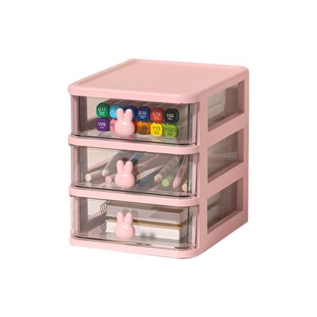 Skrivbordsförvaringslåda Flerskikts Transparent Plast Stor Kapacitet Kaninhandtag Liten Lådorganisatör för Bok Penna Kontor Rosa, 3 Tier(13.4x17x16cm)