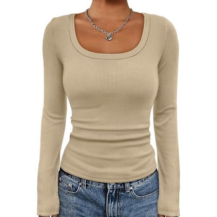 Ribbad topp med fyrkantig hals för dam, långärmad slim-fit baströja