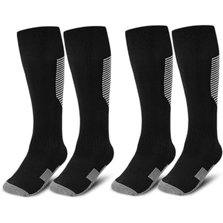 Atletiske fotballsokker for barn, 2 par knestrømper for ungdomsgutter og -jenter for skostørrelse 3-6,5 / Alder 6-12 Svart-005