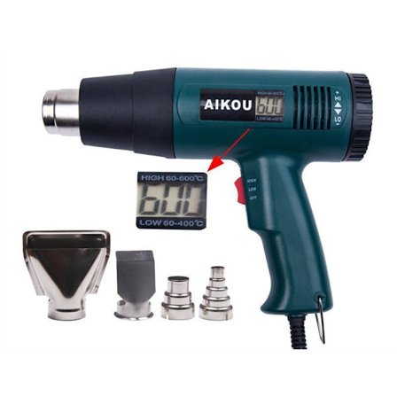 1800W Varmepistol med LCD Digital Display 60-600°C Hurtig Opvarmning 300-550L/Min Luftstrøm 4 Dyser