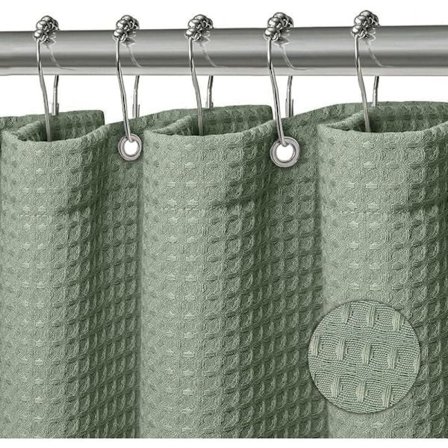 Vaskbart bruseforhæng i polyesterstof med 12 vandtætte bruseforhængsringe til brusebad og badekar 180 x 200 cm Vaffel Grøn