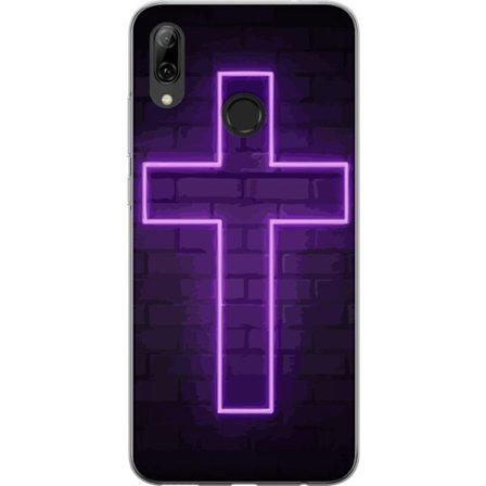 Yhteensopiva Puhelinkuori Huawei Huawei P smart 2019 Neonristi purppuranvalossa tummaa tiiliseinää vasten, symbolinen motiivi vahvalla hohto moderni