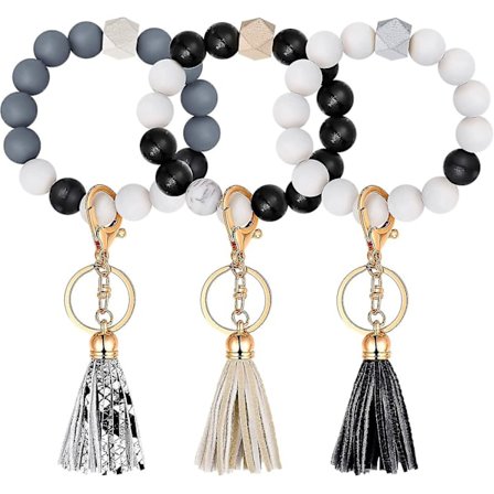 3 stk. Silikonperle Nøglering med Kunstig Læder Kvast Elastisk Håndledsrem Nøglering Nøgleholder til Kvinder