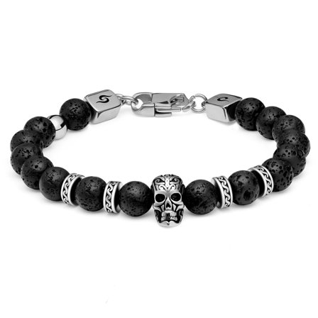 Rico | Pulsera de calavera de acero inoxidable plateado y piedras de lava para hombres - Pulseras de acero