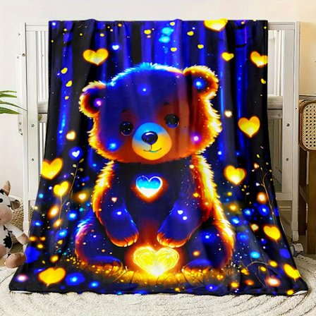 1 stk. Blå Lysende Bjørn Trykt Blød & Varm Flanel Tæppe - Letvægts Fleece Tæppe med Digitalt Print, Perfekt til Sofa, Seng, Rejser, C[D]