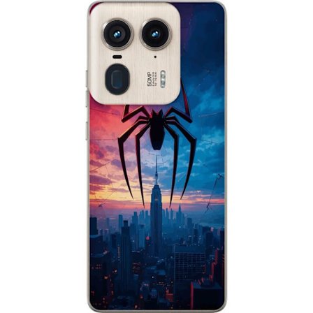 Kompatibel Mobilcover til Motorola Motorola Edge 50 Ultra Stiliseret edderkop over byens silhuet i dramatisk solnedgang, grafisk fantasyillustration m