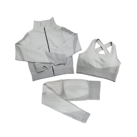 Yoga Set Långärmad Tröja+Sport-BH+Sömlösa Tights Träningskläder Löpning Gym Kläder 3 delar Grå färg