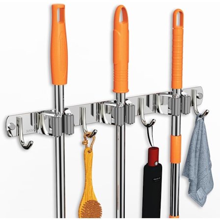 Väggmonterad mopp- och kvasthållare, uppgraderad kvastorganisatör, väggmontering (3 hyllor med 4 krokar)