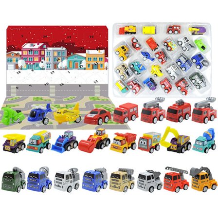 Julekalender til børn, tegneserie pull-back bilsæt, strømpefyld til drenge, 24 dages nedtællingskalender, julegaver