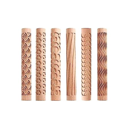 Sæt med 6 Træ Ler Modelmønster Valser Kit, Ler Valserulle Teksturerede Håndrulle Træhåndtag
