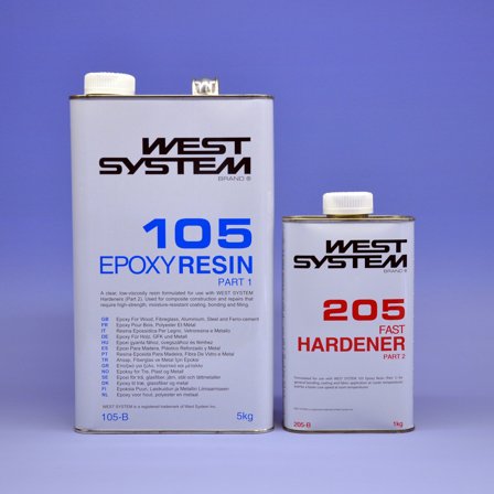 Paquete de epoxi con endurecedor rápido West System 105/205 B-pack, 105-B Epoxy Resin + 205-B Fast Hardener, 6 kg (5 kg base + 1 kg endurecedor)