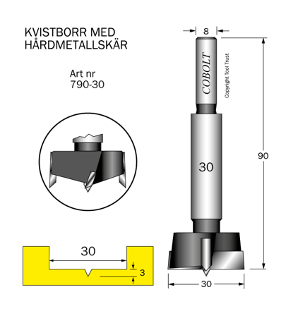 Cobolt 790-30 Kvistbor D=30 TL=90 S=8, Maskintilbehør & forbruk