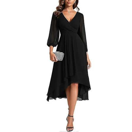 Chiffonkjole til kvinder, V-udskæring, lange ærmer, plisseret A-linjeformet midikjole til bryllupsgæster Black-FA13- Black 2XL Black 2XL
