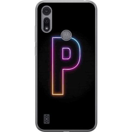 Kompatibel Mobilcover til Motorola Motorola Moto E6i Minimalistisk neonbogstav P i farvegradient og lyseffekt mod sort baggrund i digital neonstil