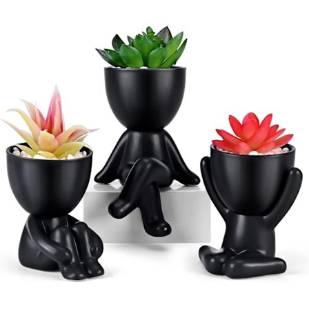 3 st konstgjorda suckulenter i människoformade keramiska krukor, söta suckulentkrukor, mini krukväxter för hem/kontor (svart)