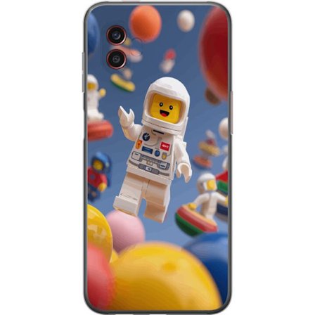 Kompatibelt Mobilskal till Samsung Samsung Galaxy Xcover6 Pro LEGO-inspirerad astronautfigur i rymden bland färgglada planeter, lekfull 3D-illustrati