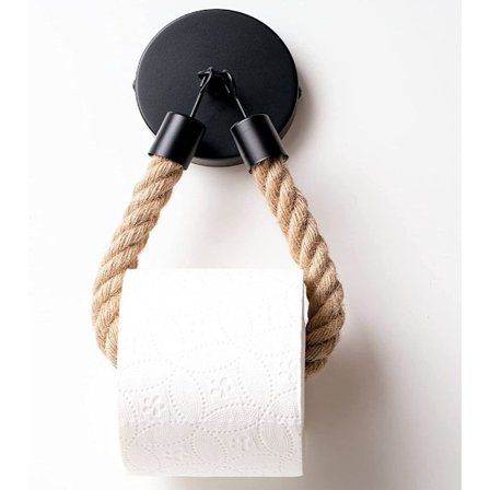 Toiletpapirholder med reb sort mat, skruemontering, toiletpapir