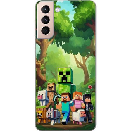 Kompatibel Mobilcover til Samsung Galaxy S21 Klodset pixeleret spilverden med grønne figurer og dyr i frodig skovmiljø