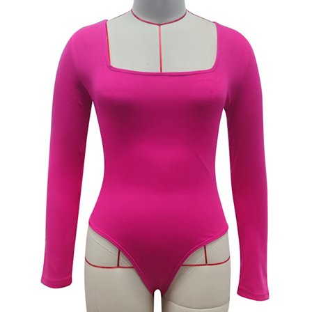 Dam Långärmad Bodysuit Bred Hals Knappbyxor Slim Fit Party Rosröd XL