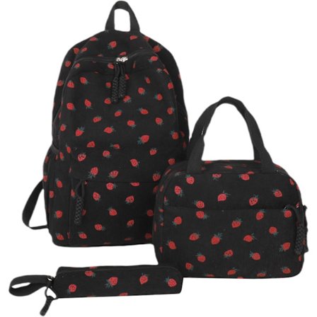 Skolerygsæk til piger - Yndig jordbærmanchester 3-i-1 skoletaske med fleece madkasse & penalhus til alderen 8-10