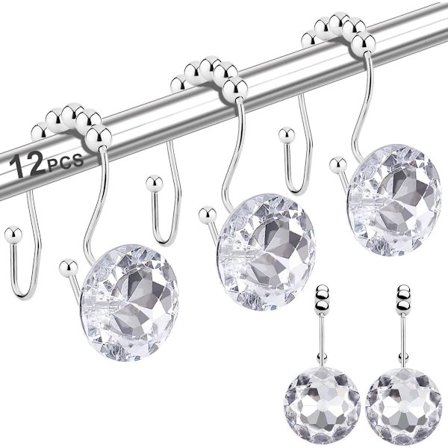 12 st duschdraperi krokar ringar för badrum, dubbla krokar glid anti rost strass duschdraperi krokar hängare för duschdraperier, kläder, handdukar, 