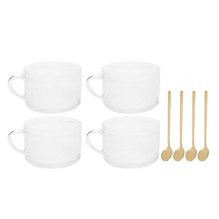 4 stk. Nordisk stil glaskrus sæt med retrohåndtag til vand, mælk, latte, te inklusive 4 skeer