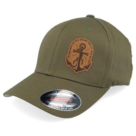 Iconic - Groen flexfit Cap - Set Sail Anchor Wooly Combed Olive Flexfit @ Hatstore