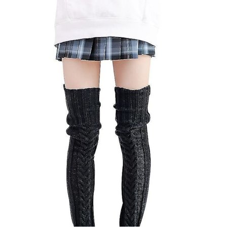 Strikkede Sorte Lårhøje Elastiske Overknæstrømper til Kvinder