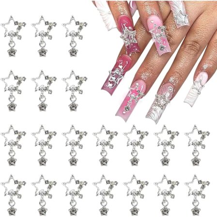 20 stk Stjerne Neglepynt, 3D Neglepynt Sølv Metall Rhinestone Krystaller Pynt for Negle Tilbehør, Neglekunst Pynt for