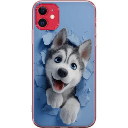 Kompatibel Mobilcover til Apple iPhone 11 Sød og realistisk hvalpehusky der bryder igennem væggen i et charmerende dyremotiv, perfekt til børn og hund