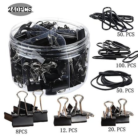 Pappersklämmor 240 st Kontorsklämmor Set Inklusive Vikbara Klämmor, Gem, Gummiband Kompatibla med Kontor