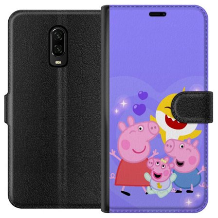 Kompatibel Tegnebogsetui til OnePlus 6T Peppa Gris mønster med hjerter, sommerfugle og venner, lyserød baggrund i bløde børneillustrationer