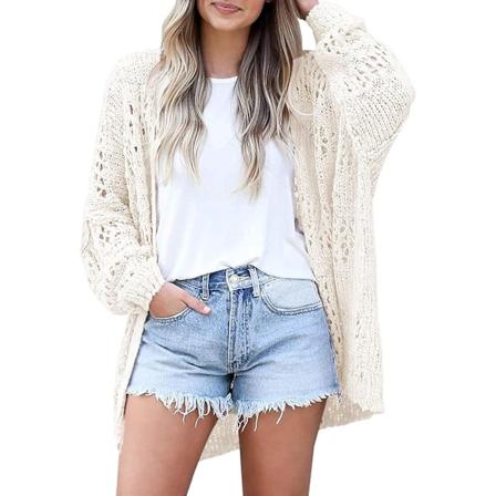 Dame Cardigan Sweater Kimono Boho Solid Farve Oversized Sommer Åben Front Cardigan Sweater Yderbeklædning, Elfenben, S