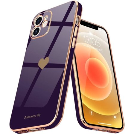 IC Kompatibelt iPhone 12-fodral för kvinnor Flickor Söt Love-Heart Lyxig Bling Mjukt skal Upphöjt Fullt Kameraskydd iPhone 12, Mörklila