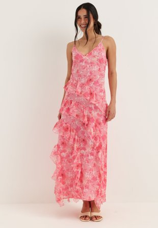 VERO MODA - Vmsmilla S/L V-NECK LONG FRILL DRESS - Rose Shadow AOP:Sally