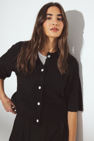 NA-KD Knitted Short Sleeve Bouclé Cardigan - Trøjer - Sort - XS (EU 32)