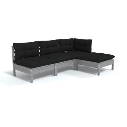 Vidaxl Loungegrupp Med Dynor 4 Delar Grå Massiv Furu Grå