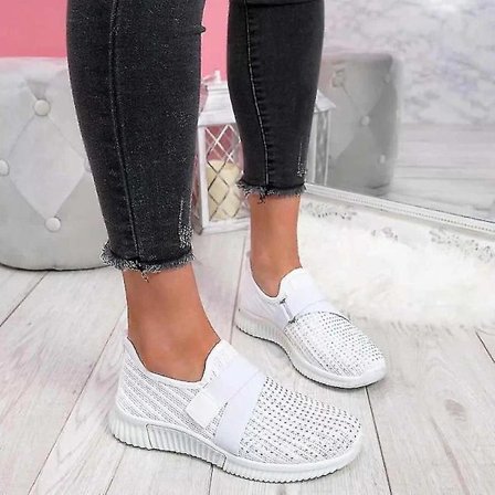 Rhinetstone platta damsneakers för casual modeplattform White 40