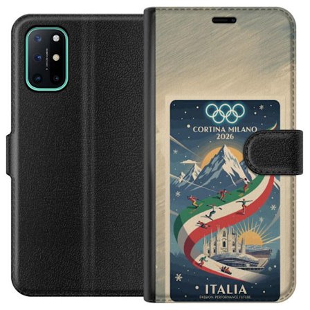 Yhteensopiva Lompakkokotelo OnePlus 8T Mäkihyppykuvitus, jossa hiihtäjä tähtää kiväärillä lumisella radalla, teksti Milano Cortina 2026 ja olympialais