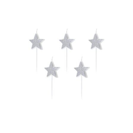 5 födelsedagsljus på spetsiga glittrande silverstjärnor 3,5 cm