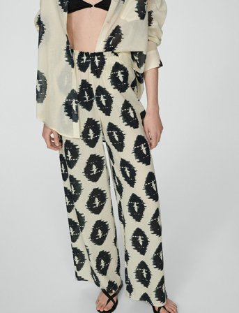 Mango Wideleg Printed Trousers - Green - XS
